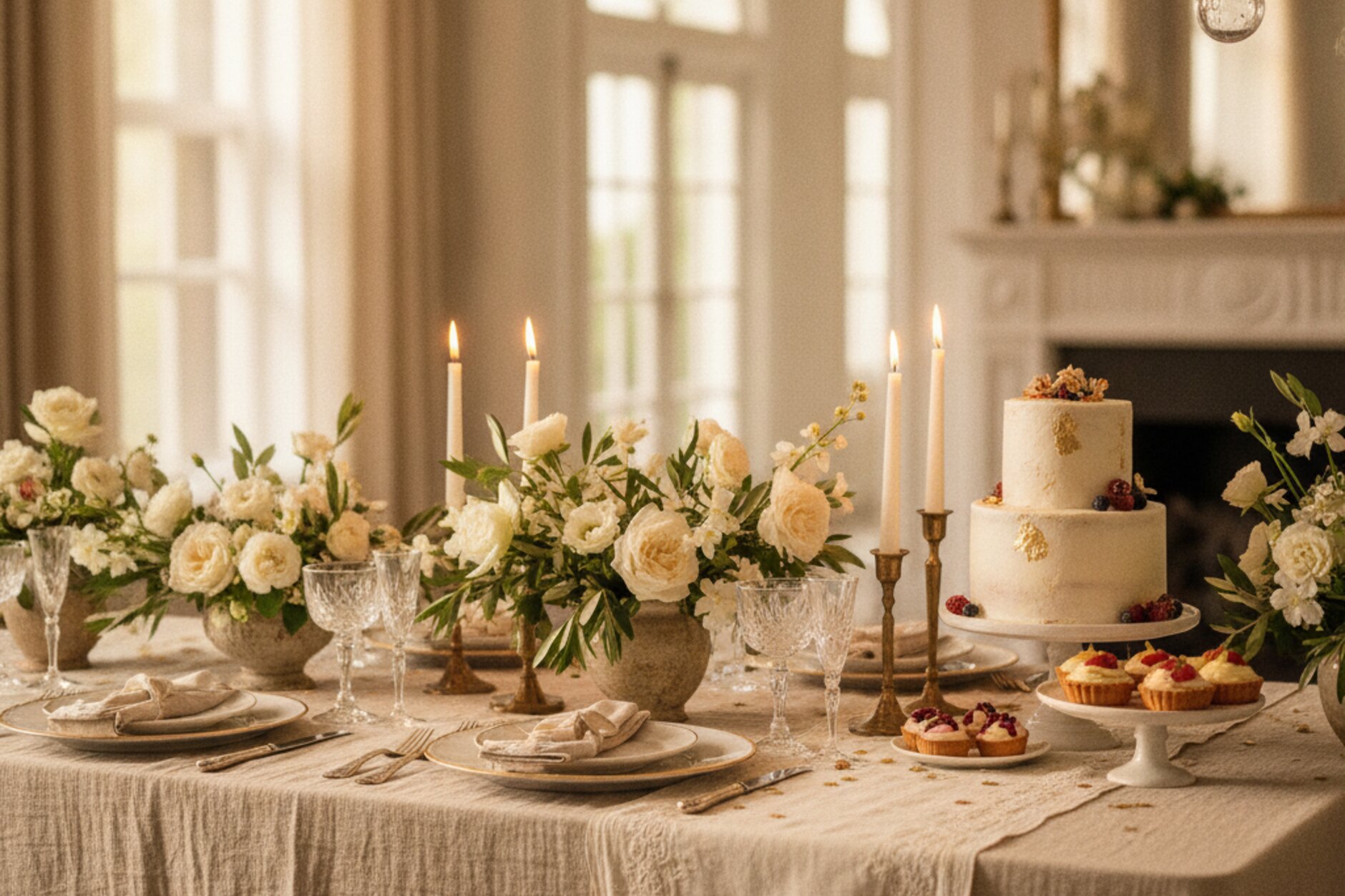 A candlelit celebration table with white flowers and a tiered cake